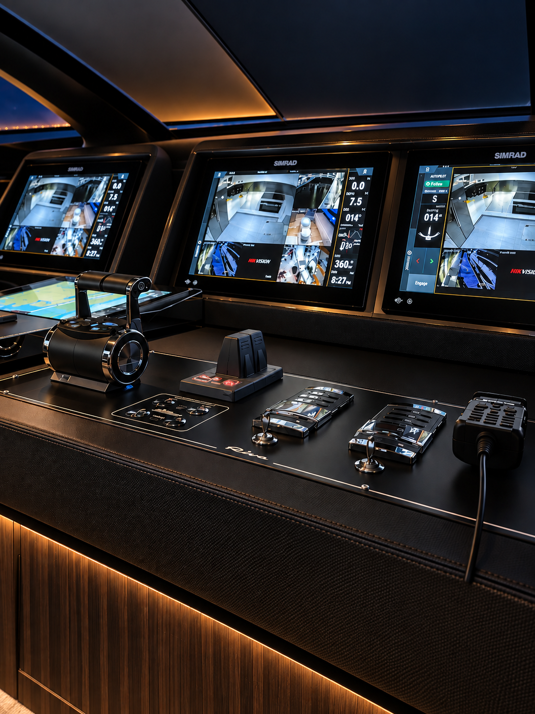 Custom yacht glass helm electronics console with dual displays navigating at twilight