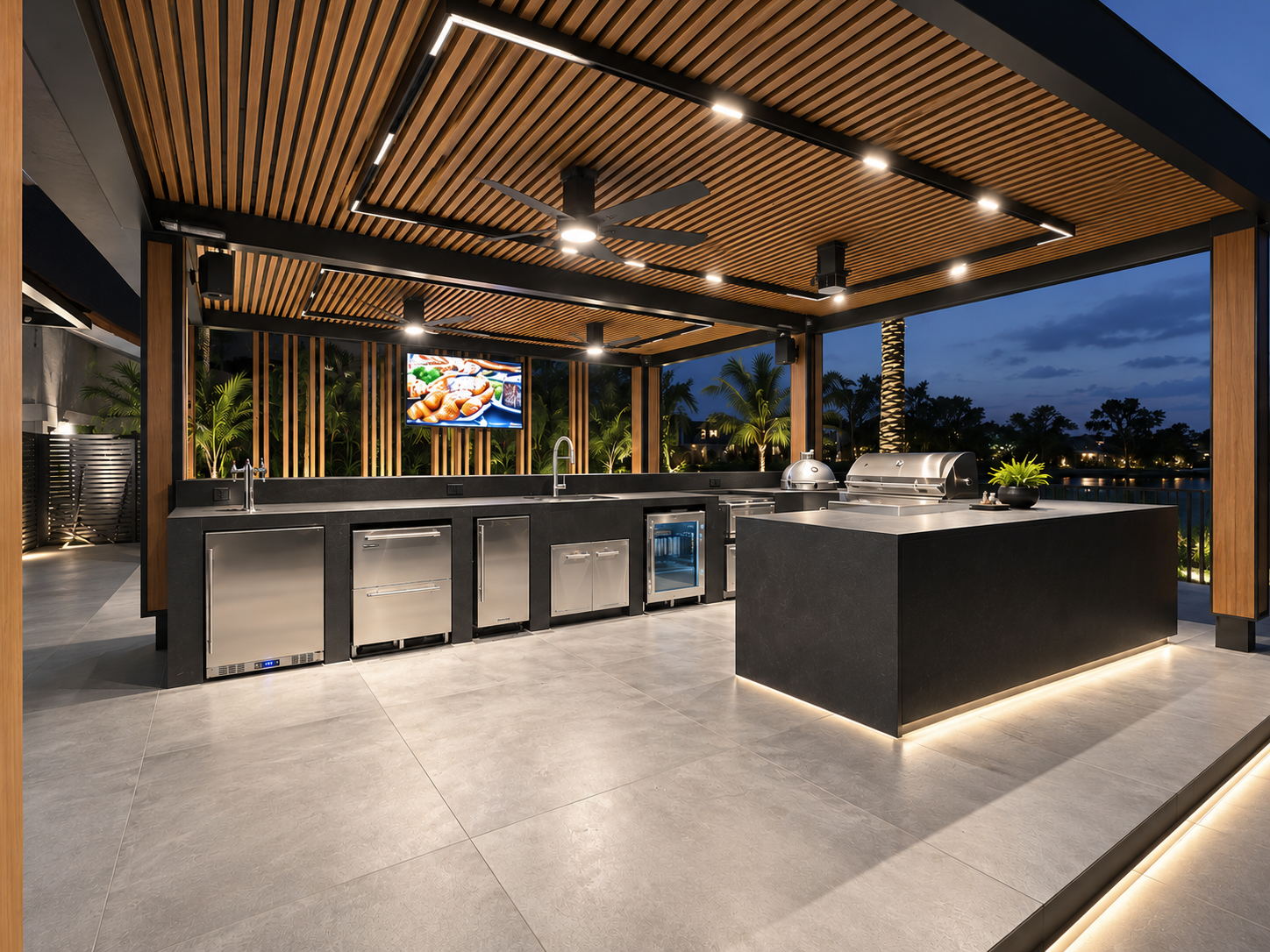 Limestone outdoor pool terrace illuminated at dusk with concealed sound emitters