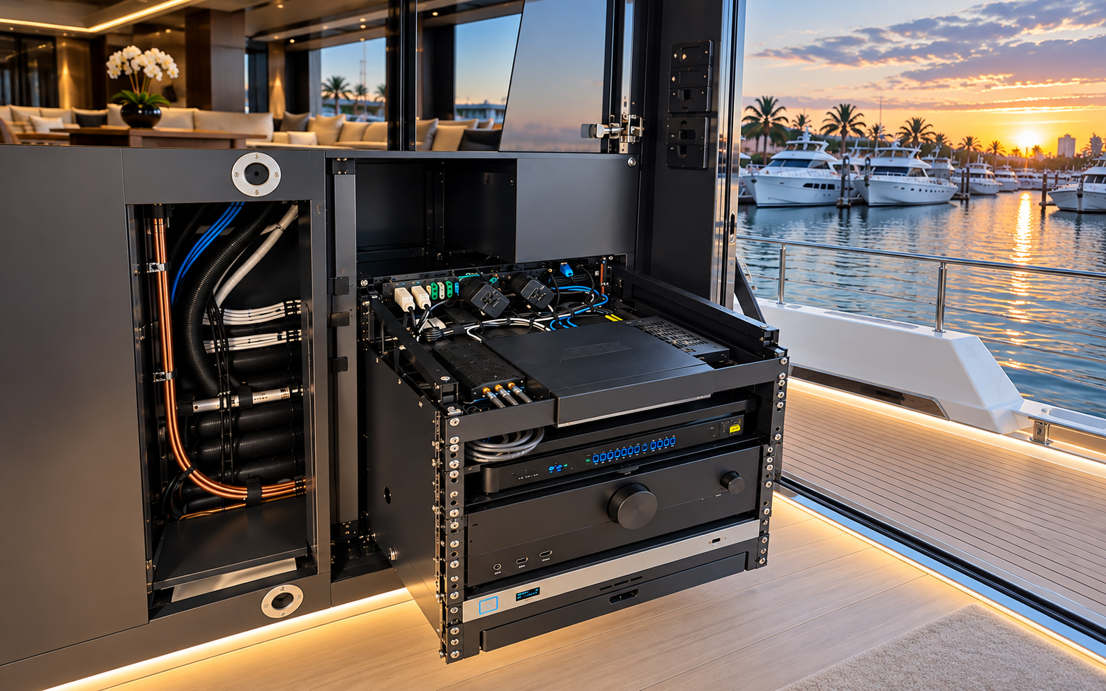 Cleanly dressed marine AV equipment rack with backlighting and vibration dampening