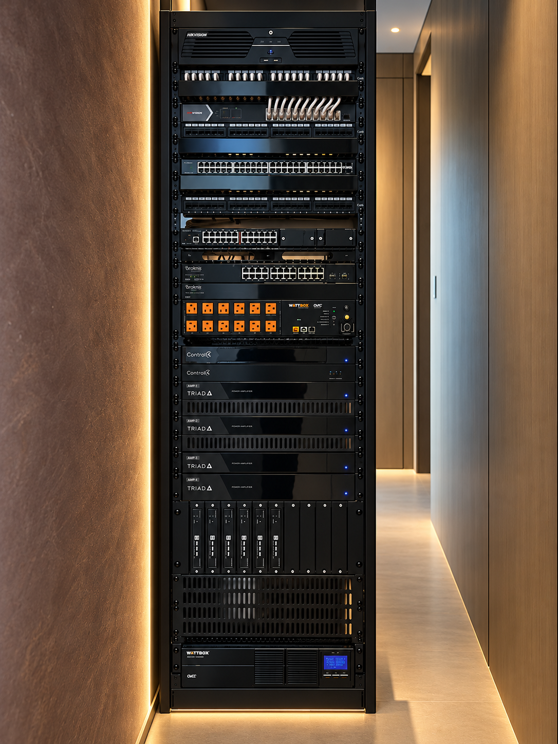 Advance Systems Group technicians commissioning a centralized AV equipment rack