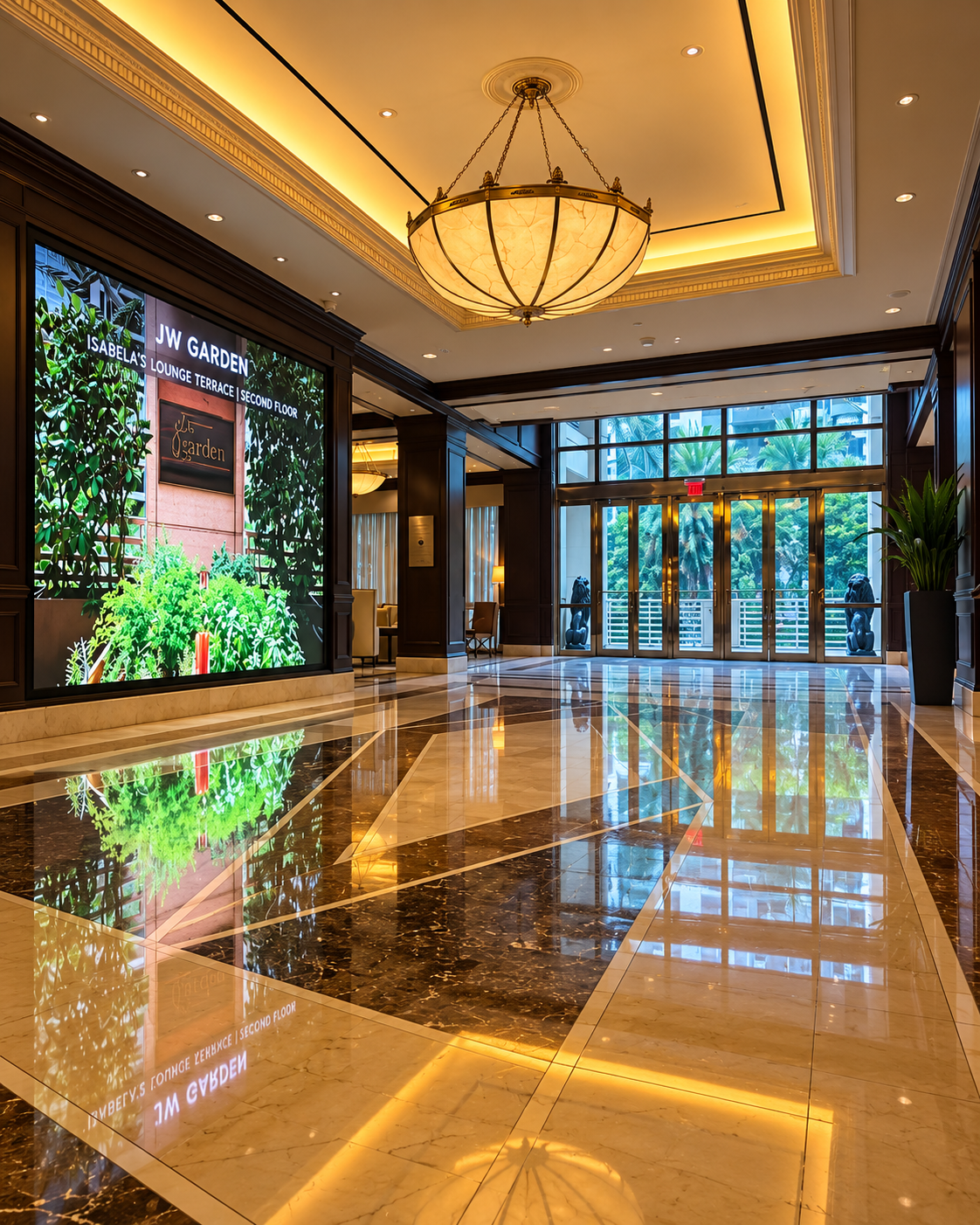 Fine-pitch direct-view LED video wall integrated into an architectural atrium