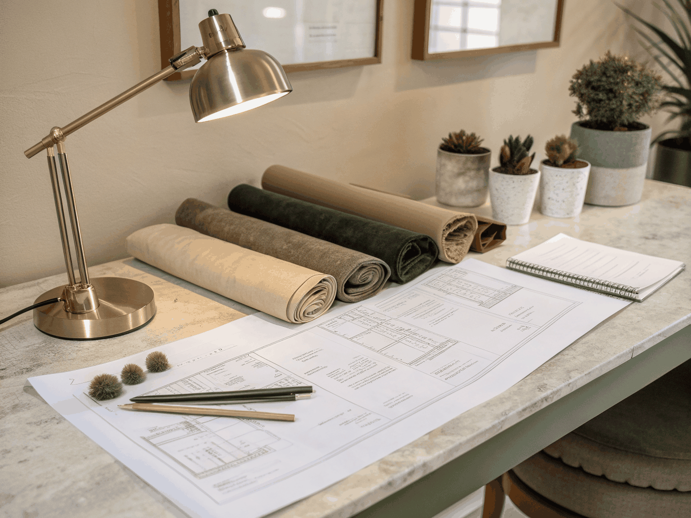 Architectural CAD blueprints, finish swatches, and lighting diagrams on natural stone table