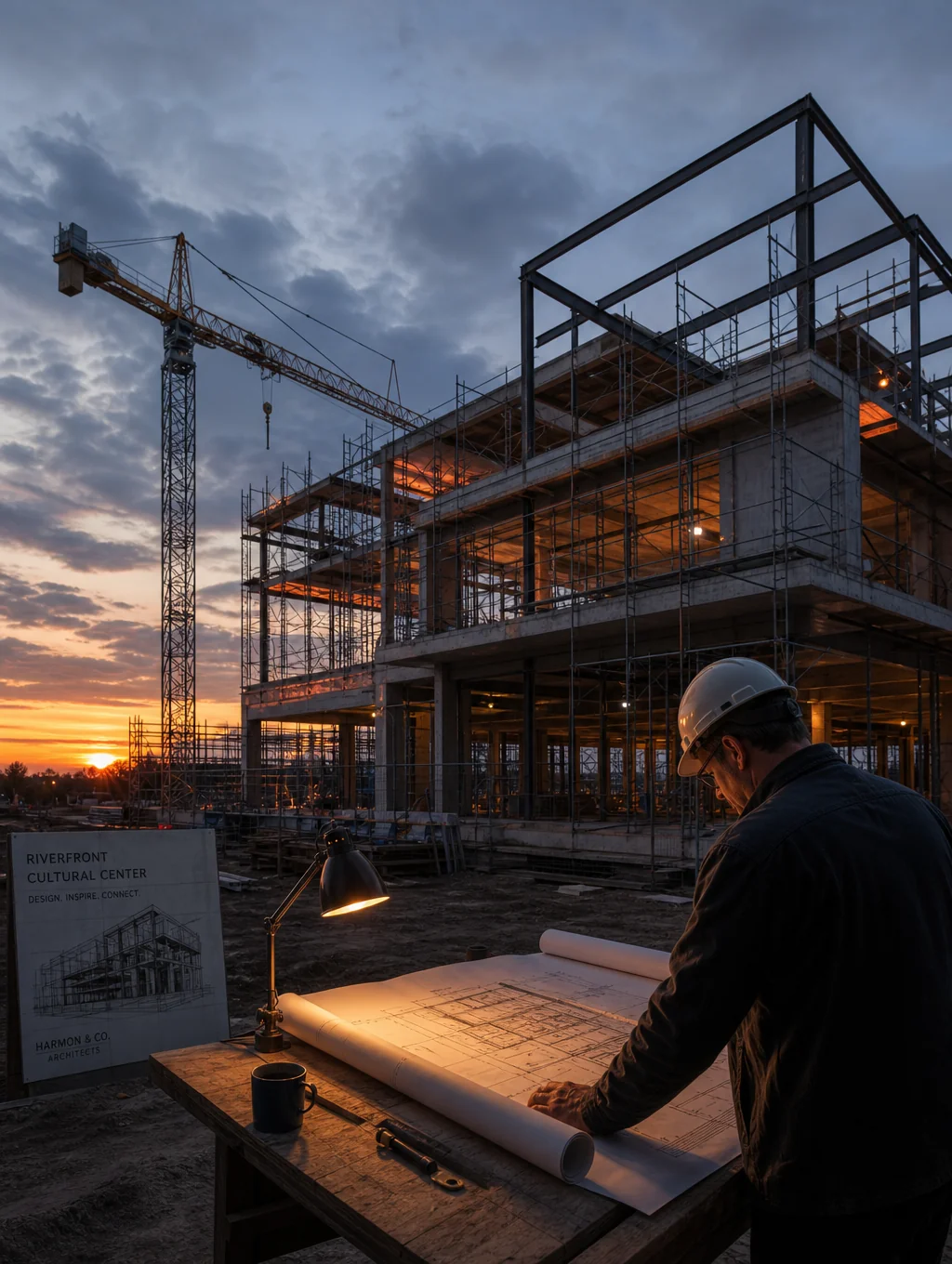ASG systems designer and general contractor reviewing an electrical blueprint on an active luxury estate job site