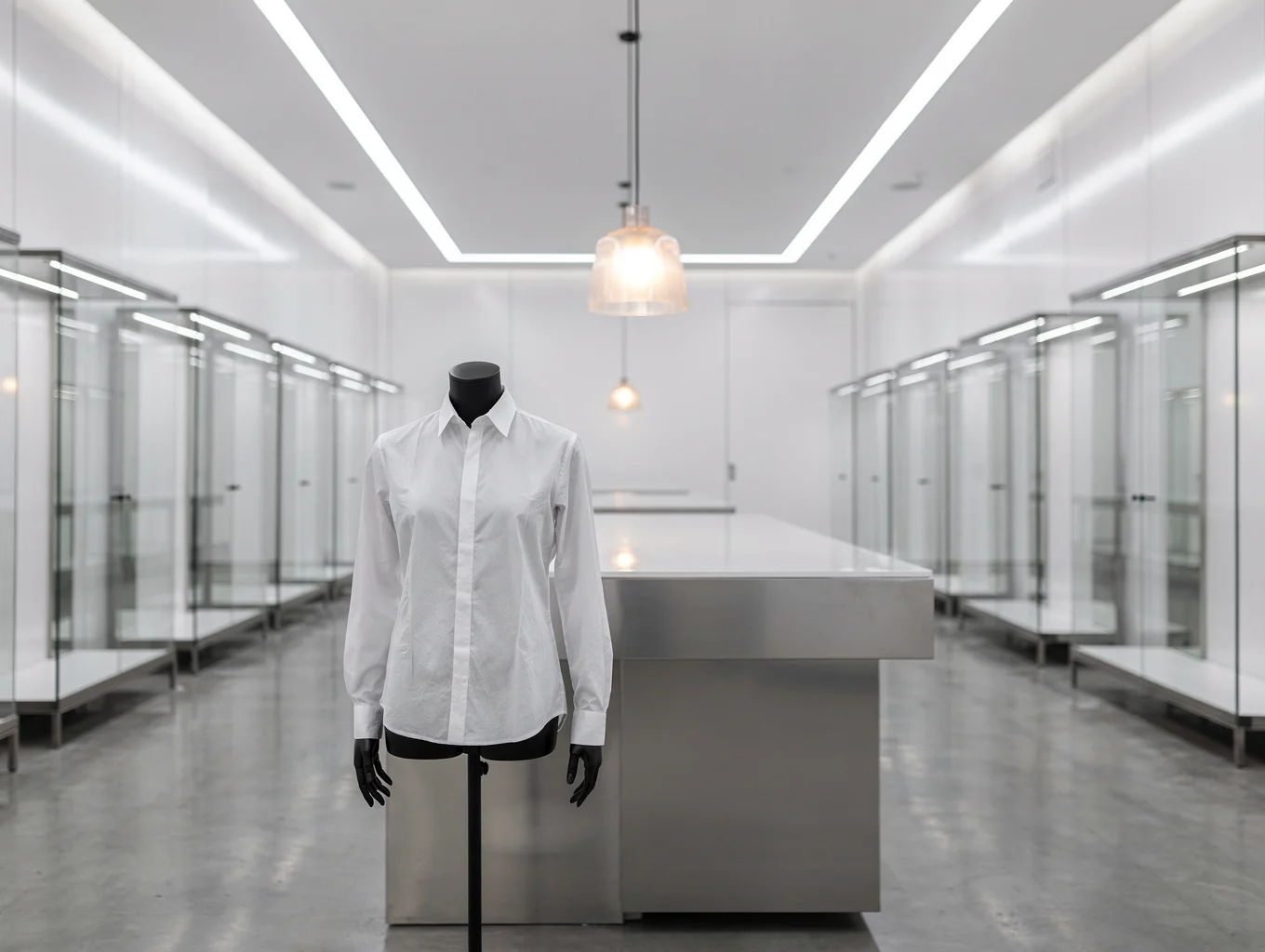 Boutique retail space with tailored spotlighting and hidden security sensors