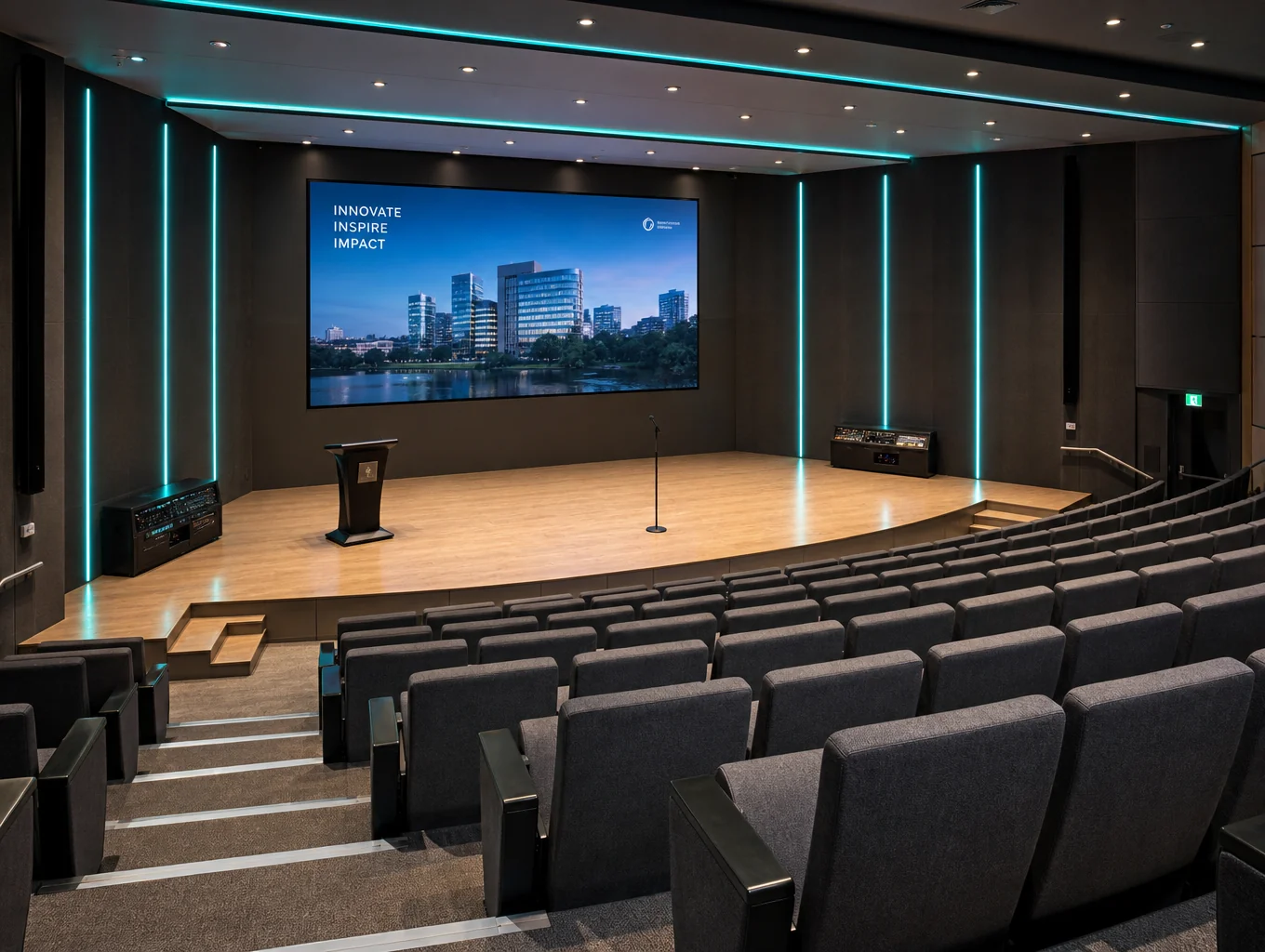 Tiered auditorium featuring acoustic wall treatments and ultra-wide seamless display wall