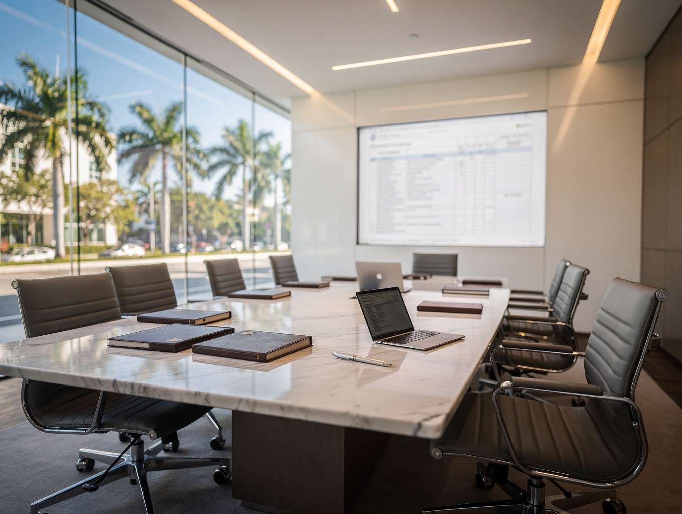 Executive boardroom in Miami with integrated conference systems and skyline view
