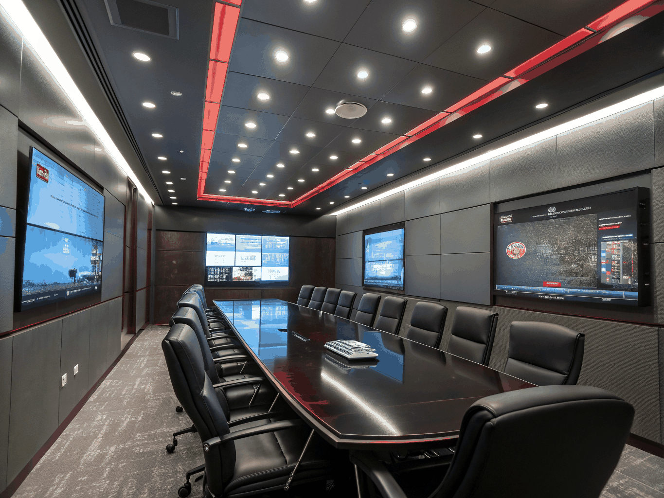 Minimalist executive boardroom with seamless integrated video wall and architectural lighting