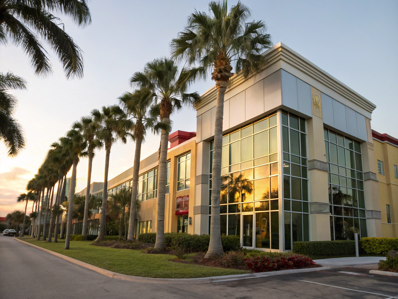 Modern glass commercial building exterior at twilight in South Florida