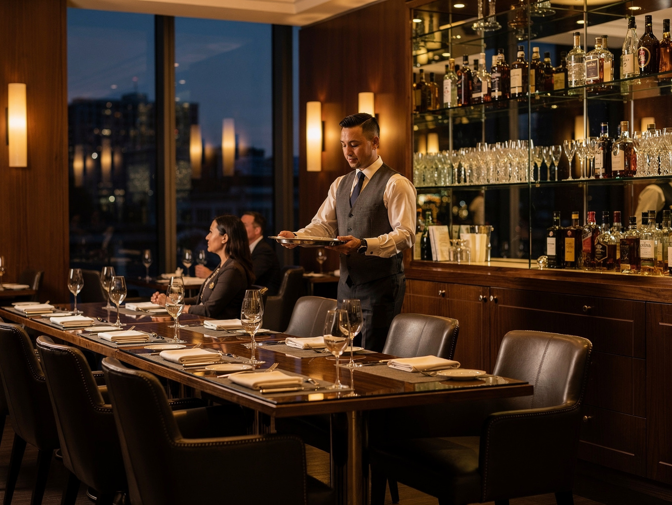 Upscale waterfront hospitality venue with concealed ceiling speakers and ambient linear lighting