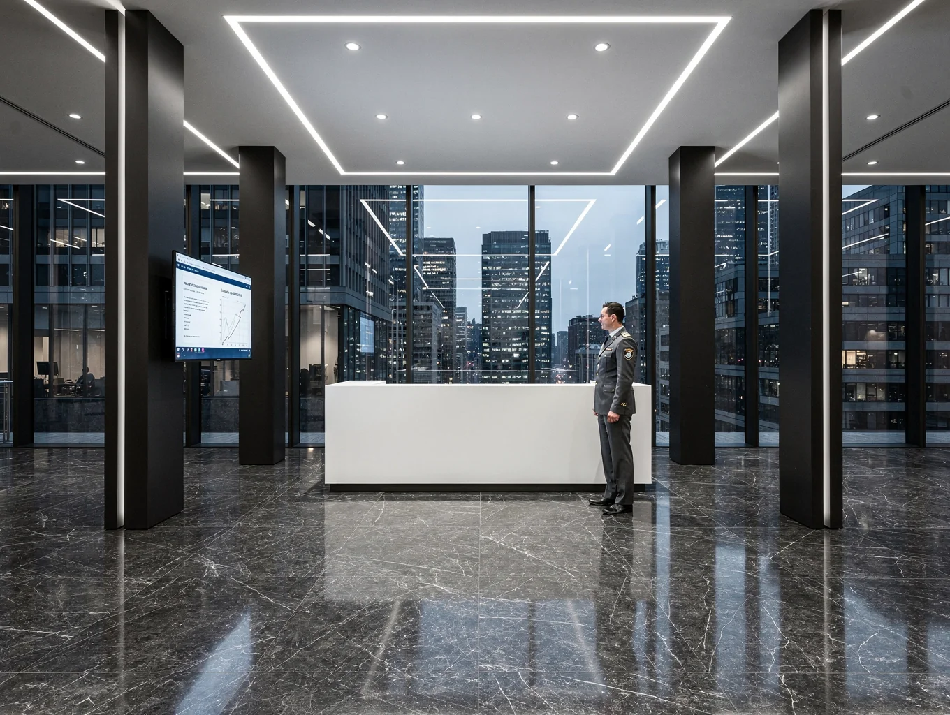 High-ceilinged corporate tower lobby featuring sleek automated security turnstiles and video wall