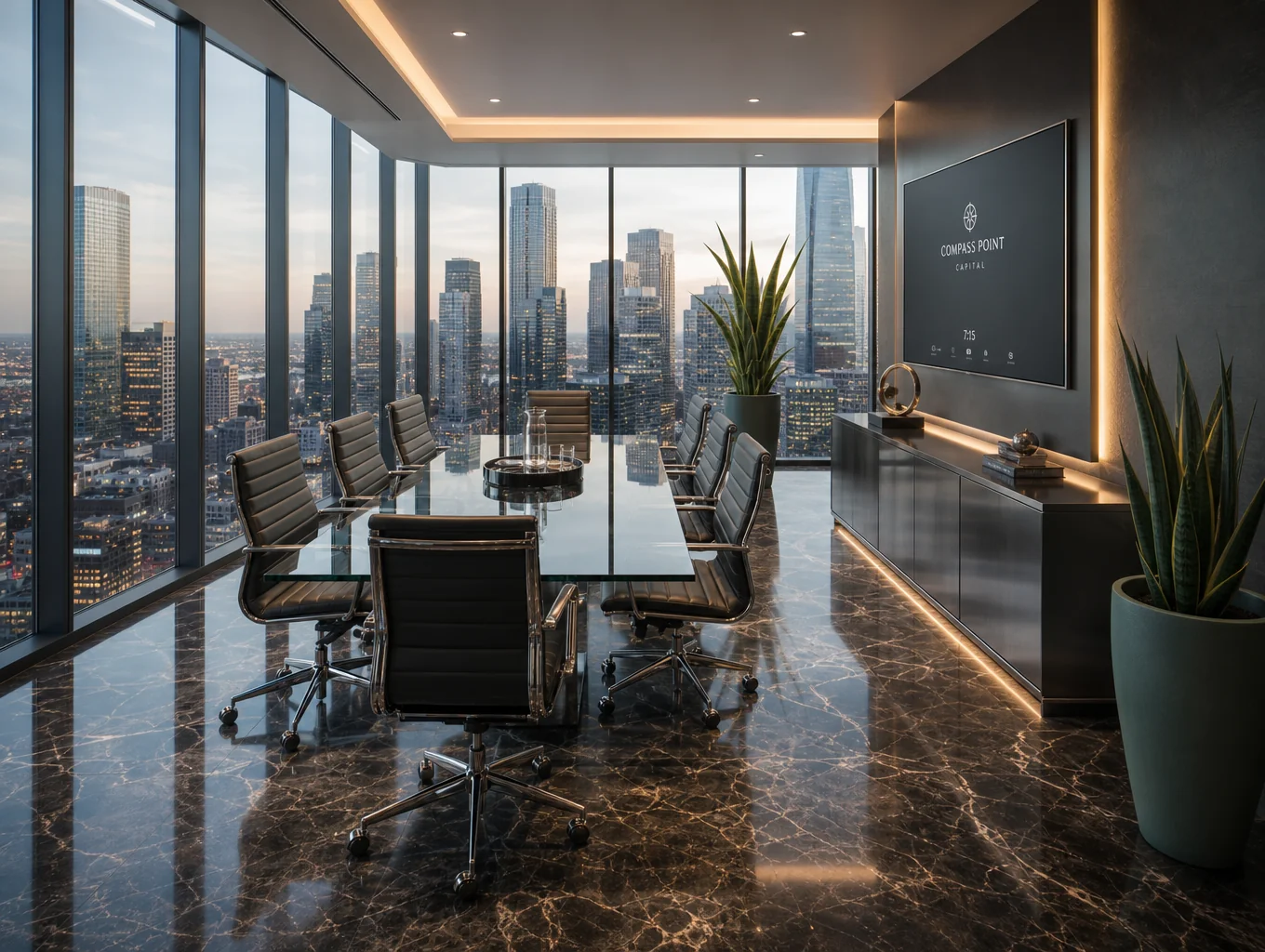 Minimalist executive boardroom with seamless integrated displays and conferencing technology