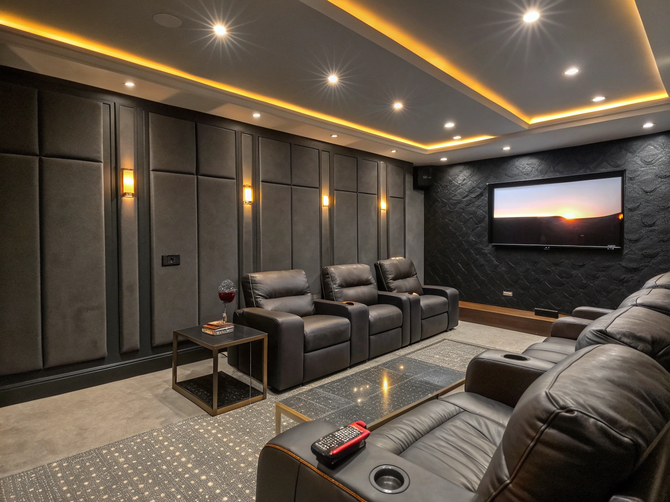 Private acoustic home cinema with integrated velvet seating and concealed architectural displays
