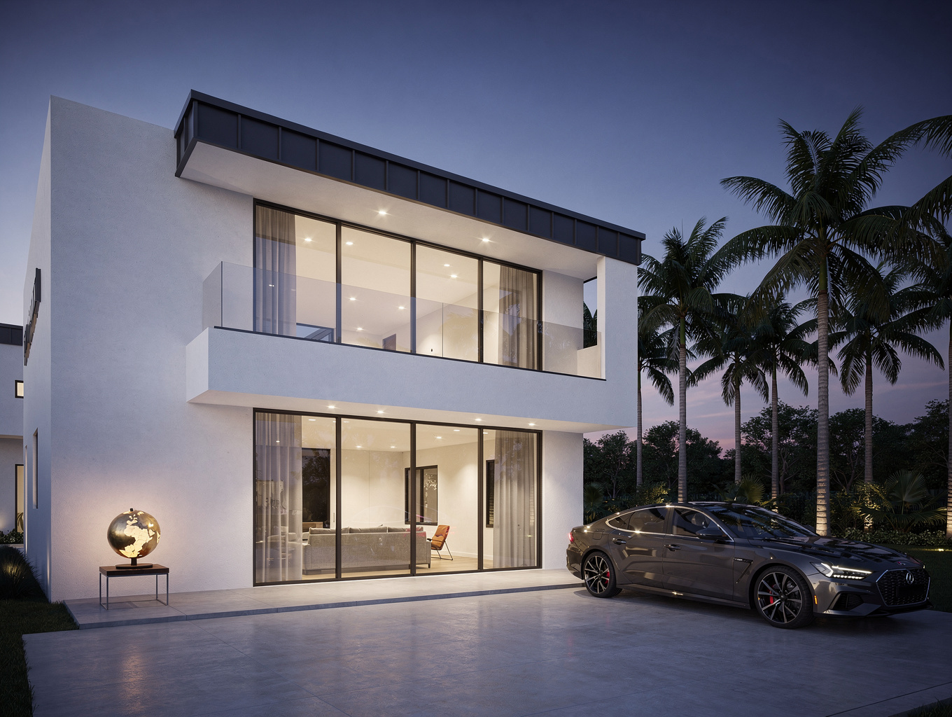 Modern South Florida waterfront architectural residence illuminated at dusk