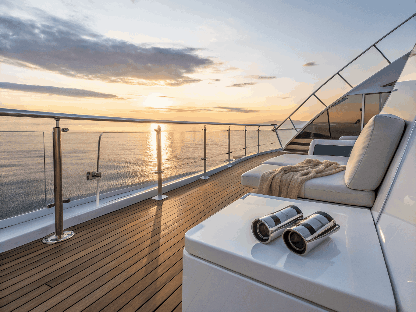 Yacht bridge deck at dusk showing discreet satellite dome and antenna communications array