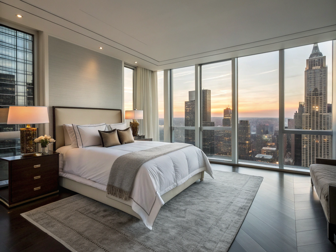Master bedroom suite with soft evening ambient lighting and motorized architectural shades