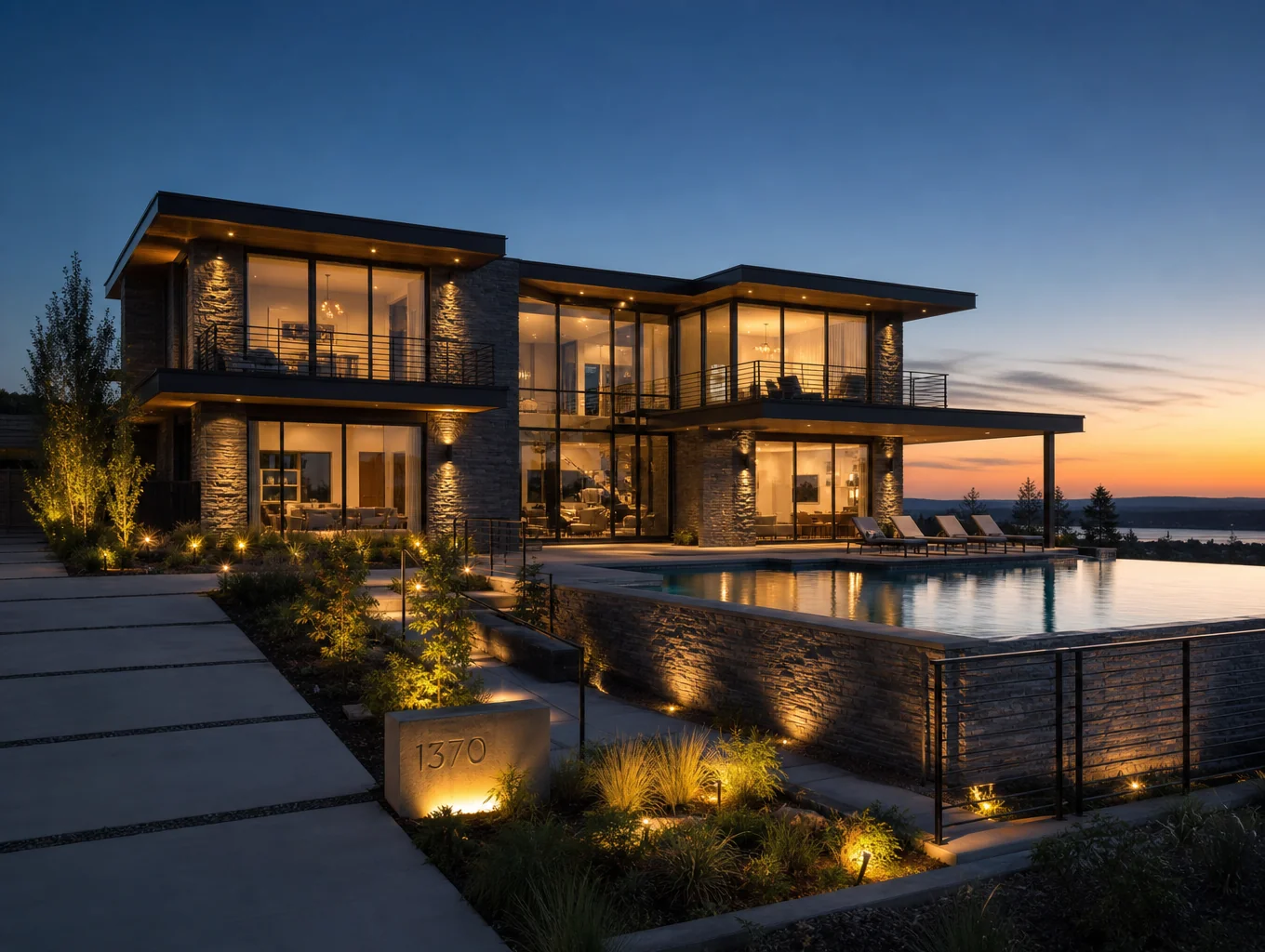 Completed luxury modern waterfront residence with integrated architectural lighting and glass sliding walls