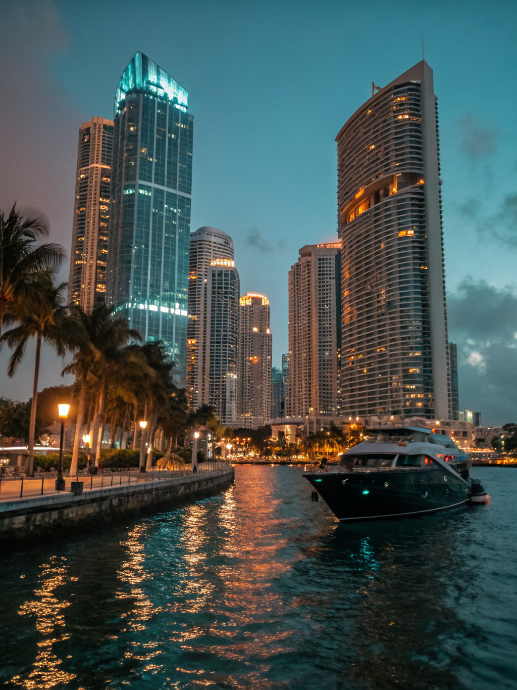 Panoramic dusk view across Biscayne Bay and the South Florida coastline
