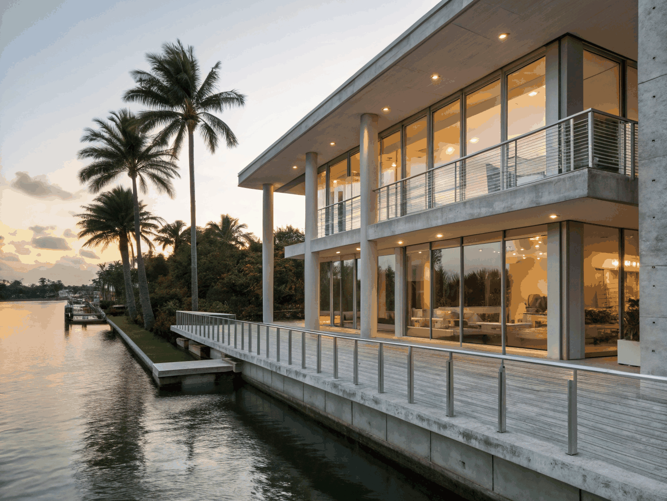 Waterfront estate patio and interior living space integrated with intelligent twilight scene lighting